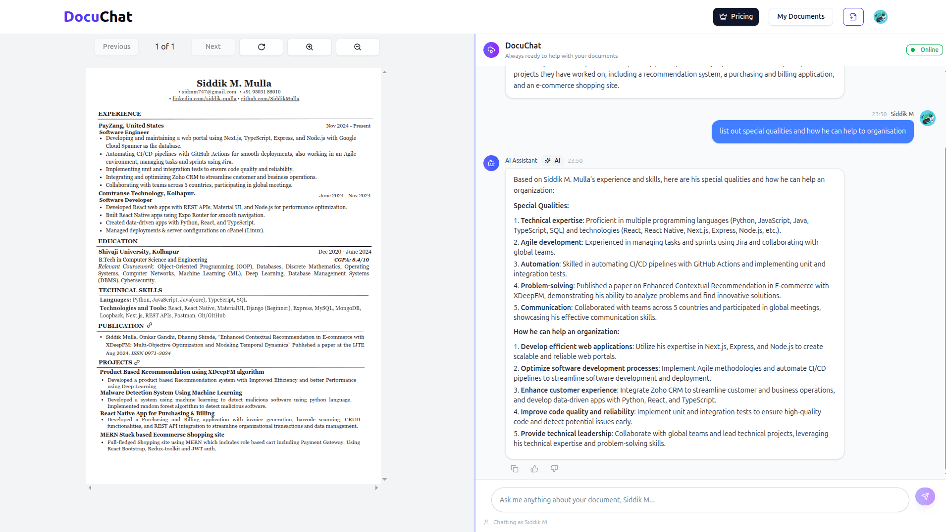 DocuChat application interface showing PDF interaction capabilities